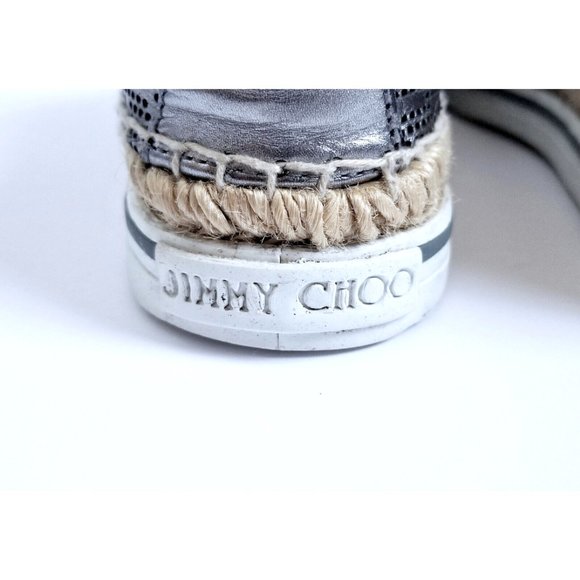 JIMMY CHOO Dawn Metallic Pewter Leather Espadrilles EU 39 US 9 Slip On Leopard - Picture 11 of 16